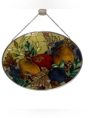 Hand Painted Glass Fruit and Leaf Suncatcher Oval Autumn Harvest Window Hanging